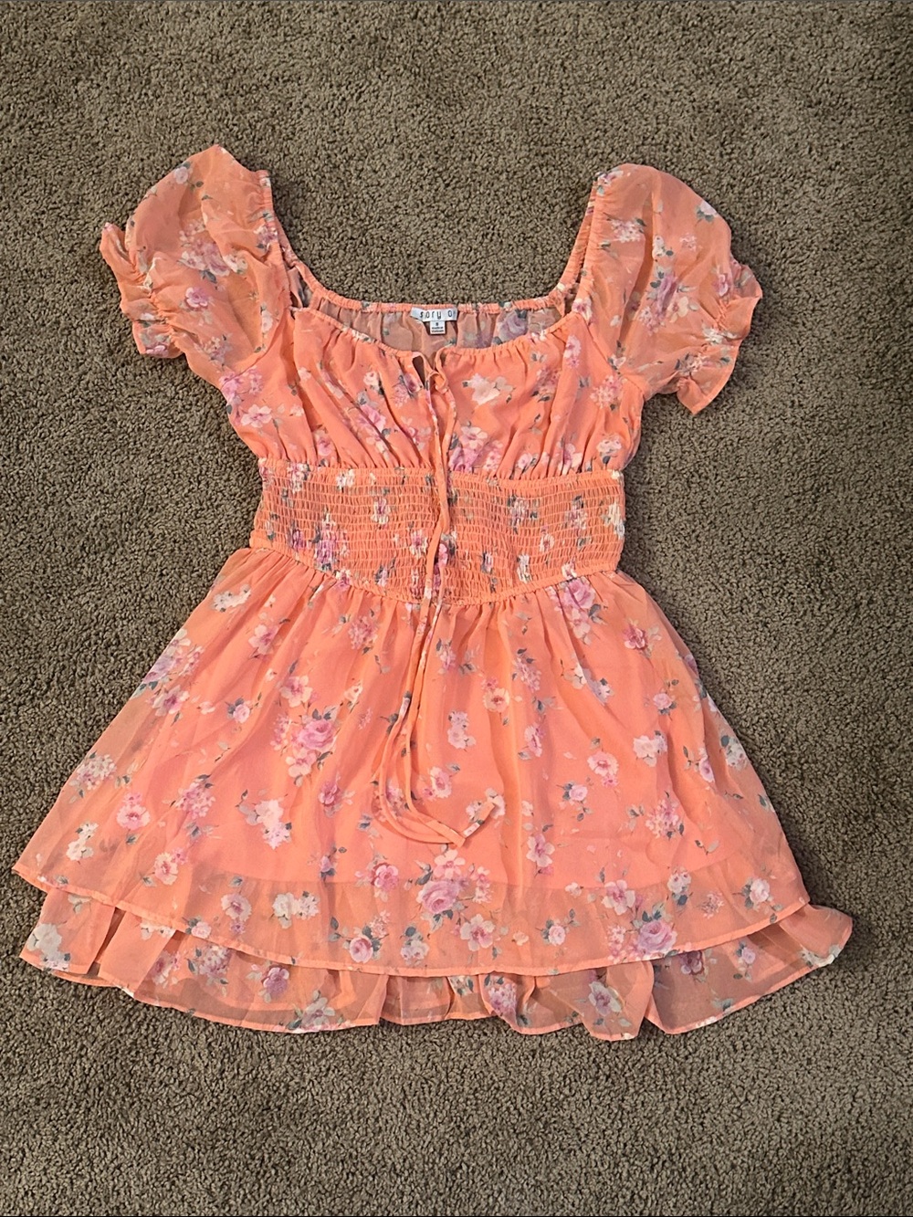 Women’s Peach Floral Smocked Casual Dress by